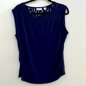 NEW YORK & CO Top L Navy Blue Blouse Embroidery Lace Gathered Sides Stretch
